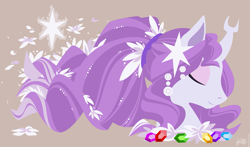 Size: 1657x975 | Tagged: safe, artist:raygirl, derpibooru import, oc, oc only, oc:harmony (heilos), pony, bust, elements of harmony, eyes closed, female, flower, flower in hair, gem, horn, lineless, long mane, mare, minimalist, ponified, portrait, profile, rupee, simple background, solo, stars, tree of harmony, wallpaper