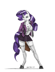 Size: 1055x1382 | Tagged: safe, artist:baron engel, color edit, edit, rarity, anthro, unguligrade anthro, unicorn, breasts, cleavage, clothes, colored, colored hooves, female, mare, miniskirt, pencil drawing, plaid, plaid skirt, pleated skirt, school uniform, shoes, simple background, skirt, socks, solo, stockings, thigh highs, traditional art, transparent background, zettai ryouiki