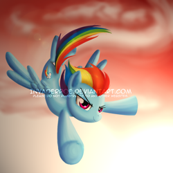 Size: 1400x1400 | Tagged: safe, artist:myhysteria, derpibooru import, rainbow dash, pegasus, pony, cloud, female, flying, mare, obtrusive watermark, sky, solo, spread wings, watermark, wings