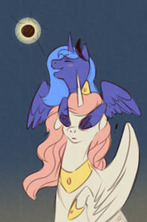 Size: 500x756 | Tagged: safe, artist:pumpkabooo, princess celestia, princess luna, alicorn, pony, blushing, covering eyes, eclipse, exclamation point, female, horn, jewelry, mare, open mouth, pink-mane celestia, regalia, royal sisters, s1 luna, siblings, sisters, smiling, solar eclipse, spread wings, wings, younger