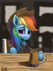 Size: 1536x2048 | Tagged: safe, artist:tinybenz, derpibooru import, rainbow dash, pegasus, pony, 1890s, 19th century, arthur morgan, chair, clothes, female, hat, looking at you, mare, mug, progressive era, red dead redemption 2, saloon, signature, sitting, smiling, solo, stetson, wild mwest