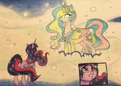 Size: 3026x2169 | Tagged: safe, artist:ameliacostanza, princess celestia, twilight sparkle, twilight sparkle (alicorn), alicorn, ghost, pony, cloud, commission, crying, ethereal mane, female, glowing eyes, high res, mare, the lion king, traditional art