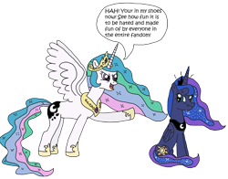 Size: 3272x2568 | Tagged: safe, artist:supahdonarudo, princess celestia, princess luna, alicorn, pony, a royal problem, angry, dialogue, meta, scrunchy face, simple background, speech bubble, swapped cutie marks, transparent background, vector