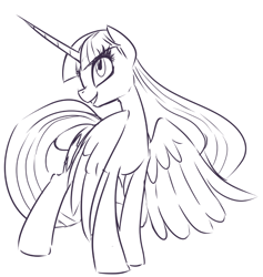 Size: 778x819 | Tagged: safe, artist:inlucidreverie, derpibooru import, twilight sparkle, twilight sparkle (alicorn), alicorn, pony, horn, monochrome, older, sketch, solo, wings