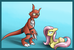 Size: 3500x2400 | Tagged: safe, artist:erockertorres, fluttershy, pegasus, pony, blue background, crossover, digimon, duo, female, guilmon, male, mare, prone, simple background, wingless