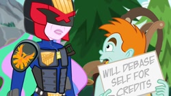 Size: 1000x564 | Tagged: safe, artist:pixelkitties, edit, edited screencap, screencap, princess celestia, principal celestia, snips, phoenix, equestria girls, legend of everfree, armor, badge, camp everfree, clothes, duo, female, helmet, i am the law, judge dredd, judge dreddlestia, male, parody, placard, symbol, we couldn't fit it all in, welcome princess celest