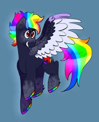 Size: 1024x1253 | Tagged: safe, artist:usagi-kinnie, derpibooru import, part of a set, rainbow dash, pegasus, pony, blue background, colored hooves, cutie mark, flying, grin, redesign, simple background, smiling, solo, spread wings, wingding eyes, wings