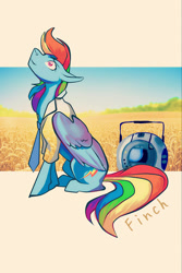 Size: 1365x2048 | Tagged: safe, artist:finchina, derpibooru import, rainbow dash, pegasus, pony, abstract background, clothes, duo, female, floppy ears, looking up, mare, necktie, portal (valve), portal 2, shirt, sitting, wheatley