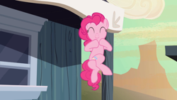 Size: 1366x768 | Tagged: safe, screencap, pinkie pie, earth pony, pony, the last roundup, crossed legs, desperation, eyes closed, in which pinkie pie forgets how to gravity, need to pee, omorashi, pinkie being pinkie, pinkie physics, potty dance, potty emergency, potty time, smiling, solo, trotting in place