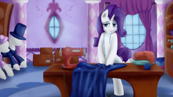 Size: 1920x1080 | Tagged: safe, artist:taggerung, rarity, pony, unicorn, bedroom eyes, crepuscular rays, fabric, ponyquin, sewing, sewing machine, solo