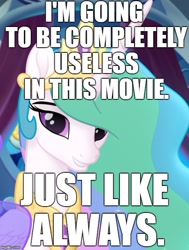 Size: 503x667 | Tagged: safe, princess celestia, alicorn, pony, my little pony: the movie, background pony strikes again, celestia hate, drama, drama bait, image macro, meme, op is a cuck, op is trying to start shit, solo, uselesstia