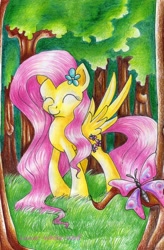 Size: 2216x3376 | Tagged: safe, artist:lunar-white-wolf, fluttershy, butterfly, pegasus, pony, eyes closed, flower, flower in hair, forest, solo, spread wings, traditional art