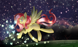 Size: 1720x1040 | Tagged: safe, artist:nalenthi, fluttershy, firefly (insect), pegasus, pony, night, solo, stars