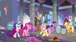 Size: 1280x720 | Tagged: safe, derpibooru import, screencap, applejack, fluttershy, pinkie pie, rainbow dash, rarity, twilight sparkle, twilight sparkle (alicorn), alicorn, earth pony, pegasus, pony, unicorn, she's all yak, mane six