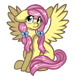 Size: 2700x2700 | Tagged: safe, artist:adostume, fluttershy, pegasus, pony, alternate hairstyle, blushing, cute, floppy ears, missing cutie mark, pigtails, shyabetes, sitting, solo, spread wings