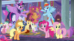 Size: 1280x720 | Tagged: safe, derpibooru import, screencap, applejack, fluttershy, golden crust, midnight snack (character), november rain, pinkie pie, rainbow dash, rarity, summer breeze, twilight sparkle, twilight sparkle (alicorn), alicorn, earth pony, pegasus, pony, unicorn, she's all yak, female, friendship student, male, mane six, trophy