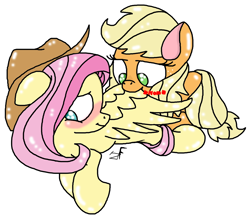 Size: 2536x2212 | Tagged: safe, artist:jackiefreak, applejack, fluttershy, earth pony, pegasus, pony, accessory swap, appleshy, blushing, female, floppy ears, lesbian, nom, preening, prone, shipping, smiling