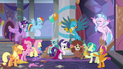 Size: 1280x720 | Tagged: safe, derpibooru import, screencap, applejack, fluttershy, gallus, ocellus, pinkie pie, rainbow dash, rarity, sandbar, silverstream, smolder, twilight sparkle, twilight sparkle (alicorn), yona, alicorn, earth pony, pegasus, pony, unicorn, she's all yak, mane six, student six, trophy