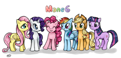 Size: 933x450 | Tagged: safe, artist:milk4ppl, derpibooru import, applejack, fluttershy, pinkie pie, rainbow dash, rarity, twilight sparkle, unicorn twilight, earth pony, pegasus, pony, unicorn, female, mane six, mare, simple background, smiling, white background