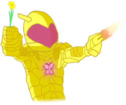 Size: 564x470 | Tagged: safe, artist:totallynotabronyfim, fluttershy, human, armor, badass, elements of harmony, fire, flower, flutterbadass, fully clothed, humanized, implied fluttershy, power armor, powered exoskeleton, solo