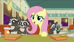 Size: 1920x1080 | Tagged: safe, screencap, fluttershy, mr. waddle, smoky, smoky jr., softpad, pegasus, pony, raccoon, the saddle row review, discovery family logo, food, french fries, hay fries