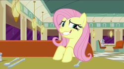 Size: 1920x1080 | Tagged: safe, screencap, fluttershy, mr. waddle, pegasus, pony, the saddle row review, faic, nervous grin, restaurant, solo