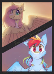 Size: 2719x3693 | Tagged: safe, artist:avaroncave, derpibooru import, fluttershy, rainbow dash, pegasus, pony, backlighting, bandaid, cute, dashabetes, female, flutterdash, happy, lesbian, looking at each other, mare, shipping, shyabetes, smiling, spread wings, wings