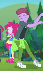 Size: 155x253 | Tagged: safe, derpibooru import, screencap, duke suave, pinkie pie, rainbow dash, accountibilibuddies, better together, choose your own ending, equestria girls, animated, clothes, dancing, gif, male, offscreen character, pants, shoes, sneakers