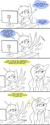 Size: 1600x4000 | Tagged: safe, artist:dangercloseart, princess celestia, oc, oc:danger close, alicorn, pony, absurd resolution, blushing, comic, computer, desk, drink, partial color, spread wings, style emulation, wingboner, wings