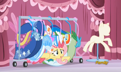 Size: 728x437 | Tagged: safe, screencap, fluttershy, pegasus, pony, the saddle row review, clothes, discovery family logo, dress, froufrou glittery lacy outfit, gala dress, hiding, solo