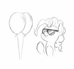 Size: 1080x1003 | Tagged: safe, artist:trickydick, pinkie pie, earth pony, pony, balloon, balloon fetish, fetish, monochrome, solo, sunglasses