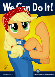 Size: 1600x2214 | Tagged: safe, artist:eugene-joe-c, applejack, earth pony, pony, bandana, clothes, feminism, poster, propaganda, rosie the riveter, solo