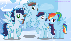 Size: 1168x684 | Tagged: safe, artist:starshinesentry, derpibooru import, rainbow dash, soarin', pegasus, pony, family, female, male, offspring, parent:rainbow dash, parent:soarin', parents:soarindash, shipping, soarindash, straight