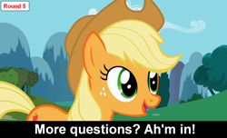 Size: 1600x973 | Tagged: safe, applejack, earth pony, pony, comic:celestia's servant interview, caption, cs captions, female, hat, interview, mare, solo