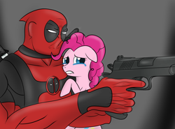 Size: 3000x2225 | Tagged: safe, artist:pustulioooooo, artist:thewolfheart89, pinkie pie, earth pony, pony, carrying, crossover, crying, deadpool, gun, lip bite, pinkiepool (pairing), pistol, ponibooru leftovers, weapon