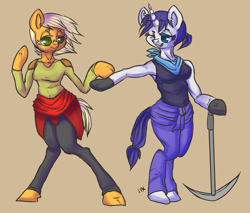 Size: 703x600 | Tagged: safe, artist:trojan-pony, applejack, rarity, oc, oc:ivory, oc:sparkling cider, anthro, unguligrade anthro, alternate universe, bipedal, clothes, female, lesbian, rarijack, shipping, ultimare universe