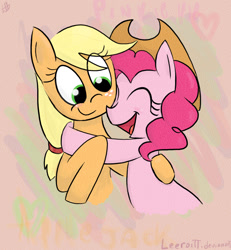 Size: 925x1000 | Tagged: safe, artist:leeroitt, applejack, pinkie pie, earth pony, pony, applepie, female, hug, lesbian, shipping