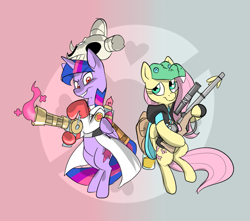 Size: 895x790 | Tagged: safe, artist:metal-kitty, derpibooru import, fluttershy, twilight sparkle, twilight sparkle (alicorn), alicorn, pegasus, pony, crossover, cutie mark, female, gun, hooves, horn, mare, medic, optical sight, rifle, smiling, sniper, sniper rifle, snipershy, team fortress 2, teeth, twi medic, weapon, wings