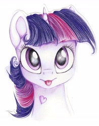 Size: 3497x4464 | Tagged: safe, artist:vird-gi, derpibooru import, twilight sparkle, :p, absurd resolution, bust, heart, looking at you, portrait, simple background, solo, tongue out, traditional art