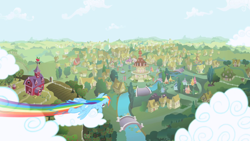 Size: 1280x720 | Tagged: safe, derpibooru import, screencap, rainbow dash, pegasus, pony, cloud, cloudy, opening, ponyville, solo, theme song