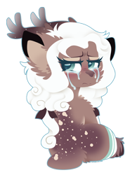 Size: 1024x1315 | Tagged: safe, artist:vanillaswirl6, oc, oc only, oc:starry night, deer, deer pony, original species, antlers, blushing, bow, clothes, commission, crying, hair bow, sad, simple background, stockings, thigh highs, transparent background