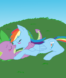 Size: 256x304 | Tagged: artist needed, source needed, safe, derpibooru import, rainbow dash, spike, dragon, pegasus, pony, blushing, eyes closed, female, interspecies, kiss on the lips, kissing, lying down, male, mare, rainbowspike, shipping, straight