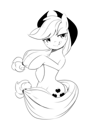 Size: 1280x1669 | Tagged: safe, artist:30clock, applejack, earth pony, pony, :p, bedroom eyes, bipedal, grayscale, looking at you, monochrome, solo, tongue out