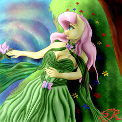 Size: 2880x2880 | Tagged: safe, artist:swiftriff, fluttershy, anthro, breasts, cleavage, clothes, dress, female, flower, grass, hootershy, on back, river, solo, stream, water, waterlily