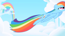 Size: 1280x720 | Tagged: safe, derpibooru import, screencap, rainbow dash, pegasus, pony, cloud, cloudy, female, great moments in animation, mare, nyoom, opening, rainbow, smear frame, solo, theme song