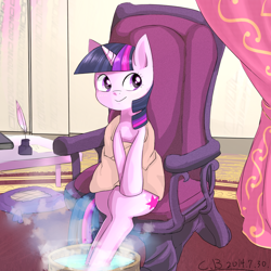 Size: 1000x1000 | Tagged: safe, artist:coldbest, derpibooru import, twilight sparkle, chair, quill, sitting, solo, steam, towel