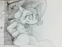 Size: 3264x2448 | Tagged: safe, artist:bluedrg19, fluttershy, pegasus, pony, cigarette, clothes, frown, grayscale, hoodie, monochrome, pencil drawing, sitting, smoking, solo, traditional art