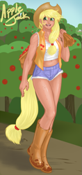 Size: 565x1200 | Tagged: safe, artist:aphexangel, applejack, human, apple, belly button, boots, clothes, cowboy boots, cowboy hat, cowboy vest, daisy dukes, hat, humanized, looking at you, midriff, open mouth, sack, shoes, smiling, solo, straw in mouth, sweet apple acres, tailed humanization, wheat