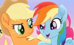 Size: 872x526 | Tagged: safe, derpibooru import, screencap, applejack, fluttershy, pinkie pie, rainbow dash, earth pony, pegasus, pony, rainbow roadtrip, applejack's hat, cowboy hat, female, freckles, hat, looking at each other, mare, needs more jpeg, wings