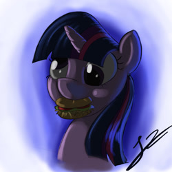 Size: 934x934 | Tagged: safe, artist:jayzonsketch, derpibooru import, twilight sparkle, twilight sparkle (alicorn), alicorn, pony, burger, bust, derp, female, hay burger, mare, mouth hold, nom, portrait, smiling, solo, that pony sure does love burgers, twilight burgkle